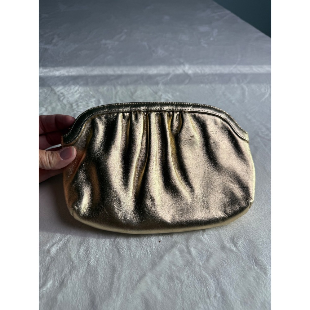 Vintage Morris Moskowitz Gold Metallic Leather Gathered Frame Clutch Bag MM